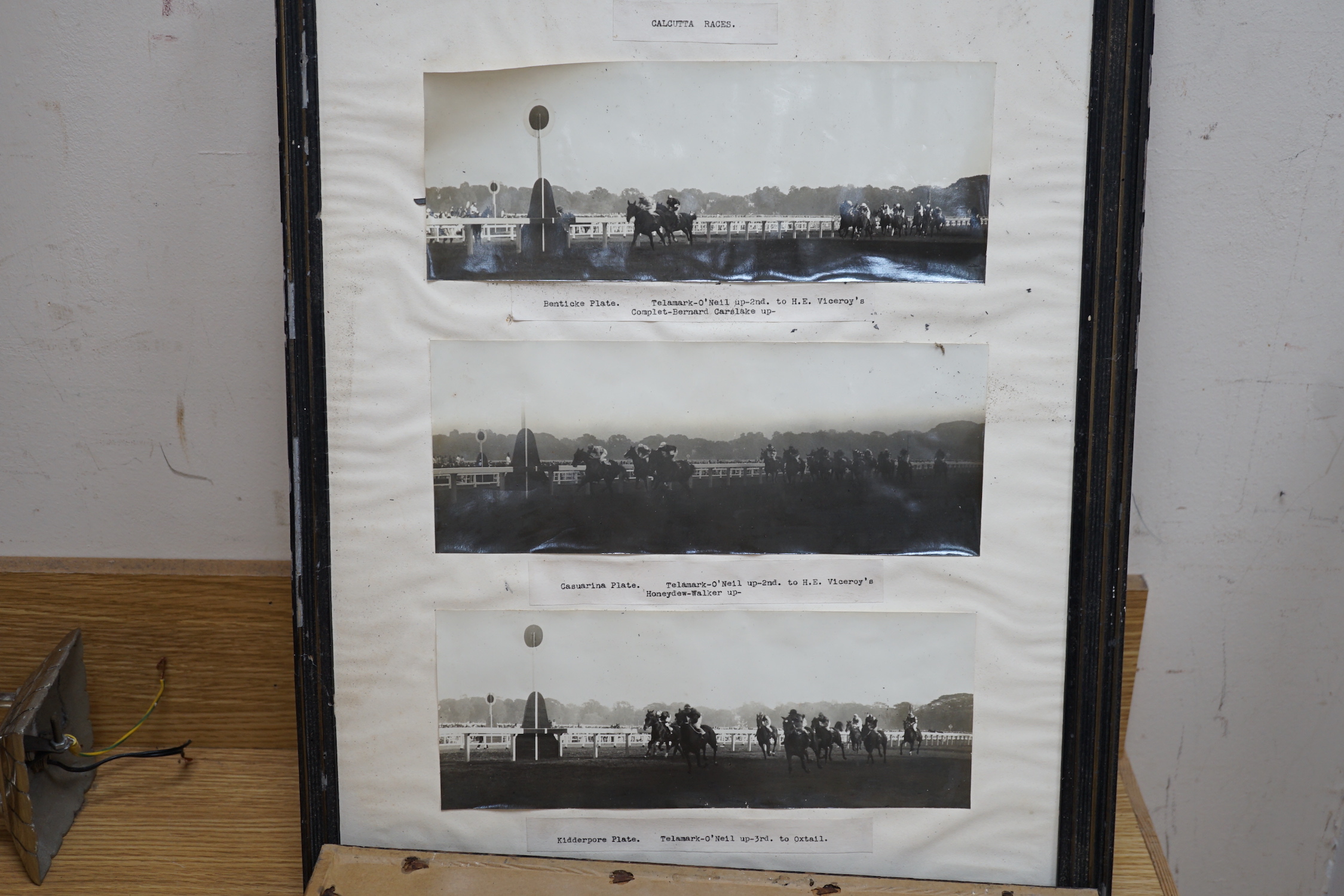 D M & E M Alderson, pair of watercolours, Portraits of racehorses c.1943/48 raced at Calcutta, together with a group of related photographs and ephemera, signed and dated, 38 x 52cm